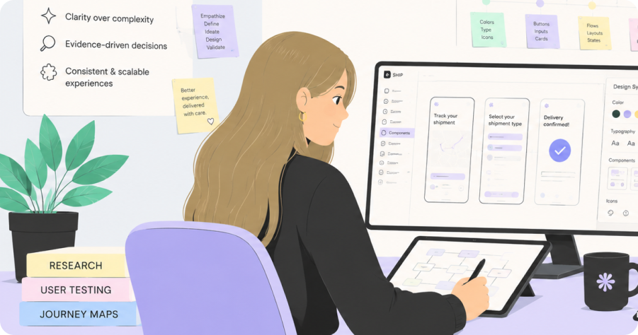 Illustration of Andrea working at her desk with research notes and design system